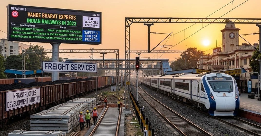 Modern vs. classic: Vande Bharat & freight trains under a sunset sky, with track work and a digital billboard highlighting 2023’s progress and challenges.